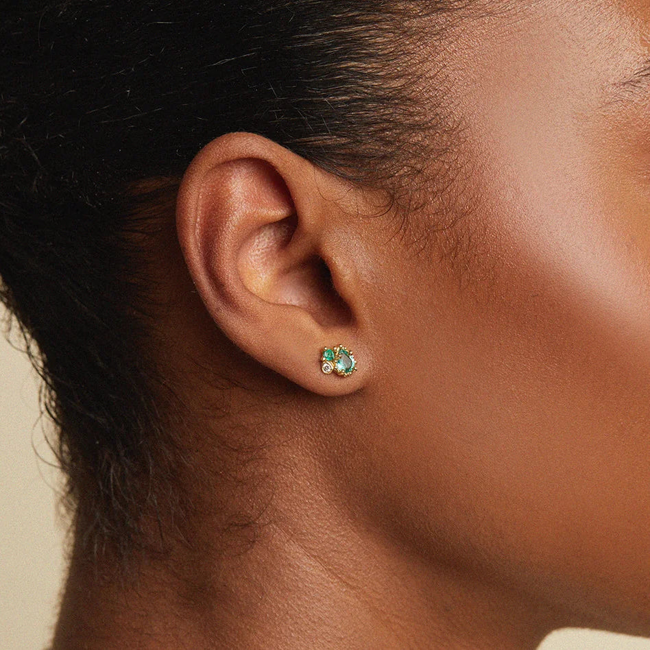 Emerald and Diamond Mixed Cluster Stud Earrings
