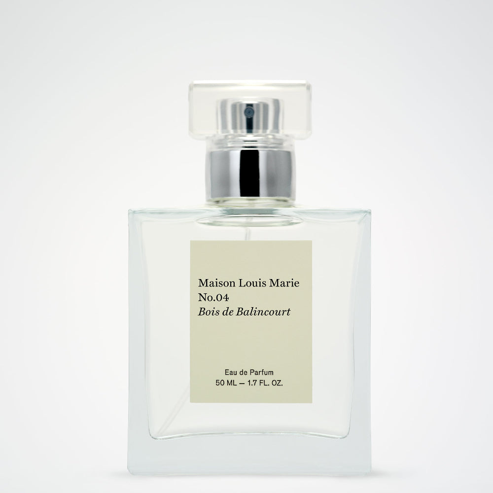 Maison Louis Marie No.04 Bois de Balincourt Eua de Parfum bottle, clear perfume bottle with a silver banded lid.