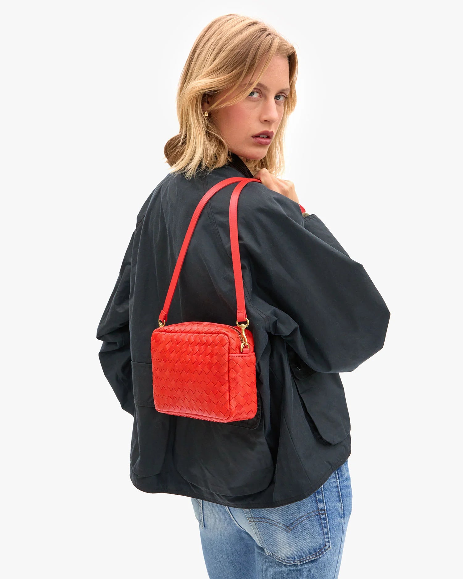 Midi Sac, Woven Diagonal, Bright Poppy