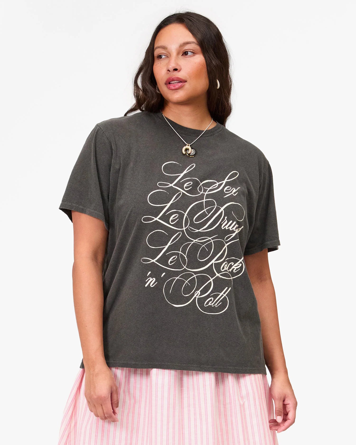 Clare V. | Original Tee, Faded Black with Cream Le Sex Le Drugs Le