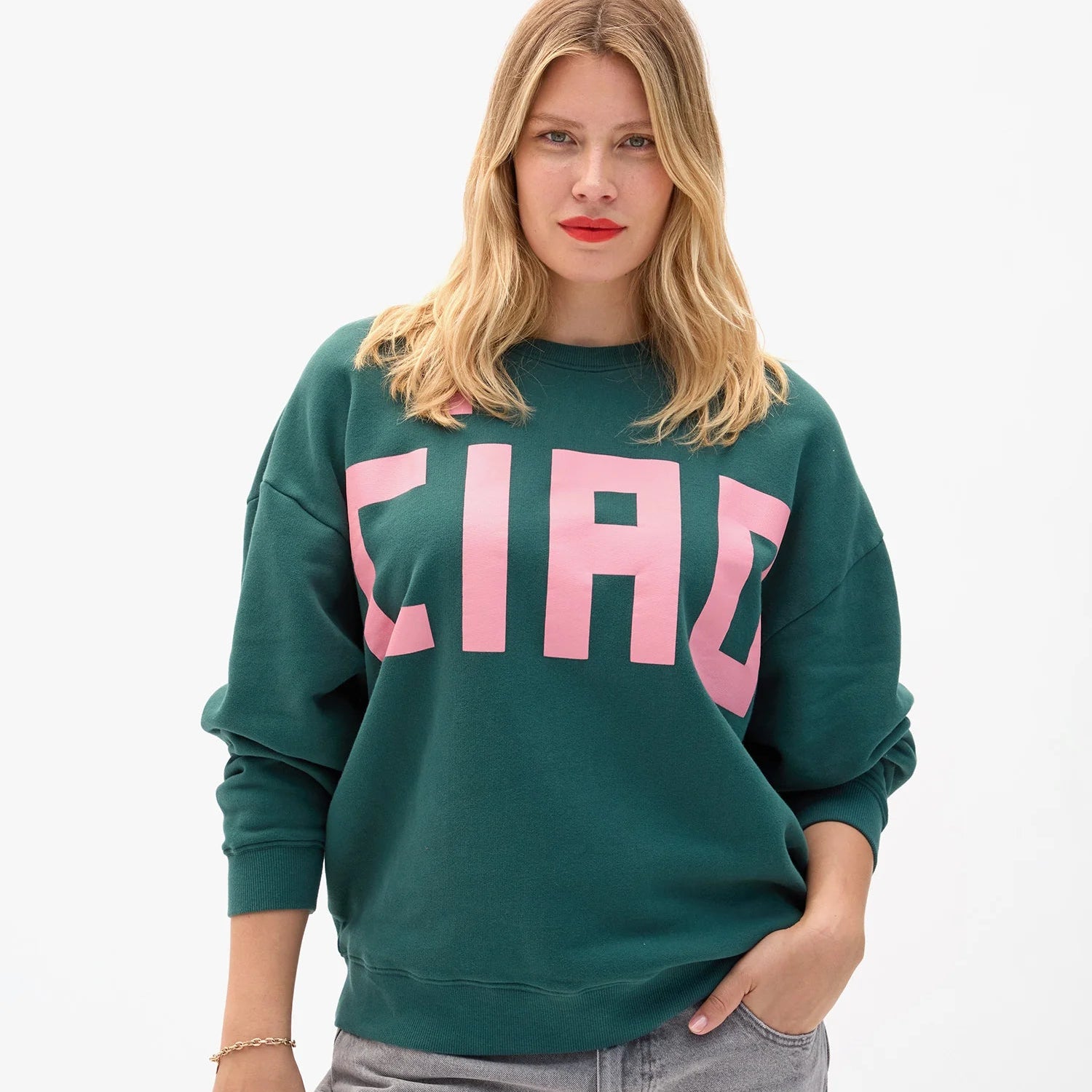 Oversized Sweatshirt, Deep Pine with Petal Grand Block Ciao