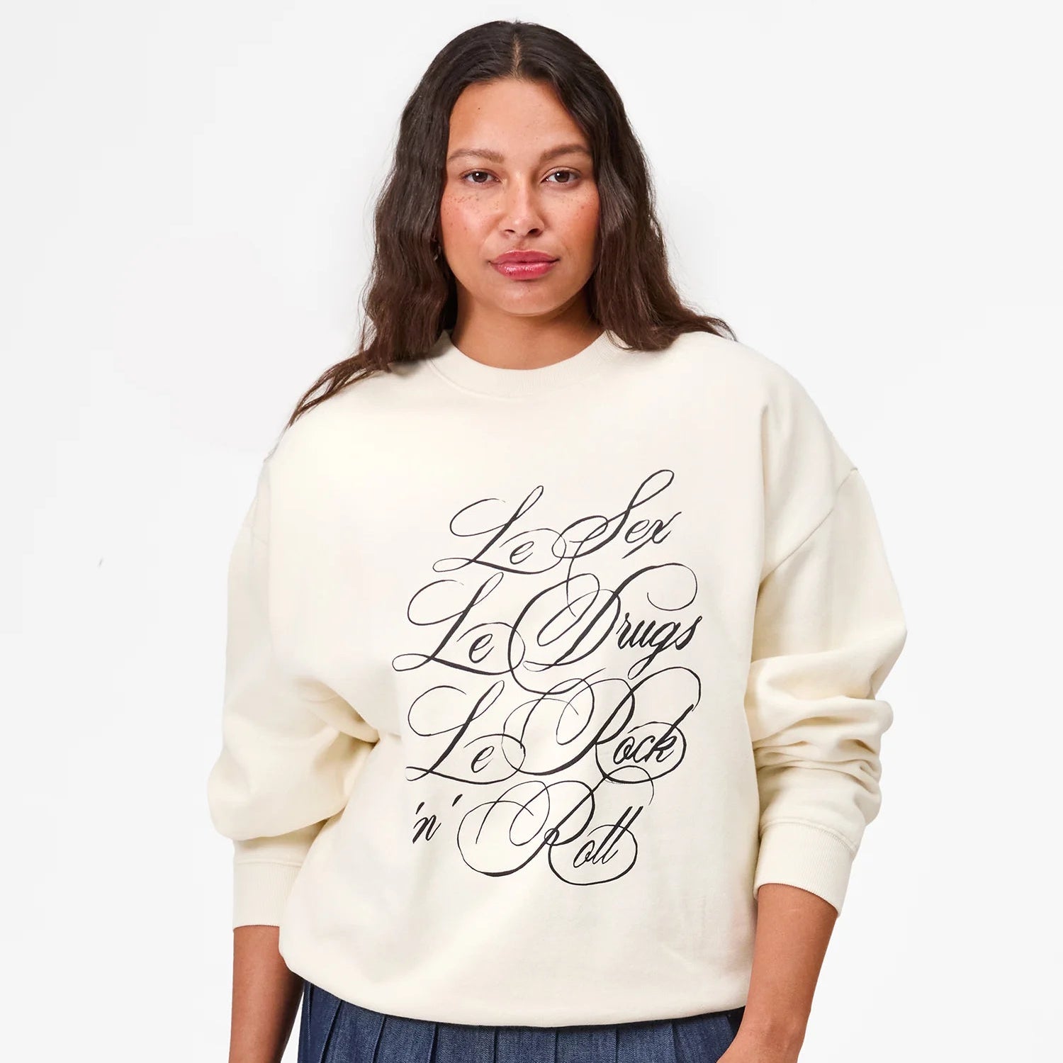 Oversized Sweatshirt, Cream with Black Le Sex Le Drugs Le Rock 'n' Roll