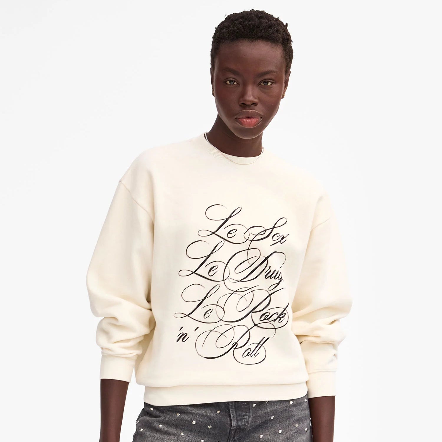 Oversized Sweatshirt, Cream with Black Le Sex Le Drugs Le Rock 'n' Roll
