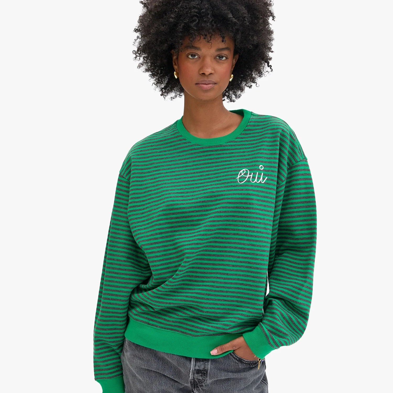 Oversized Sweatshirt, Green/Charcoal Stripes Oui