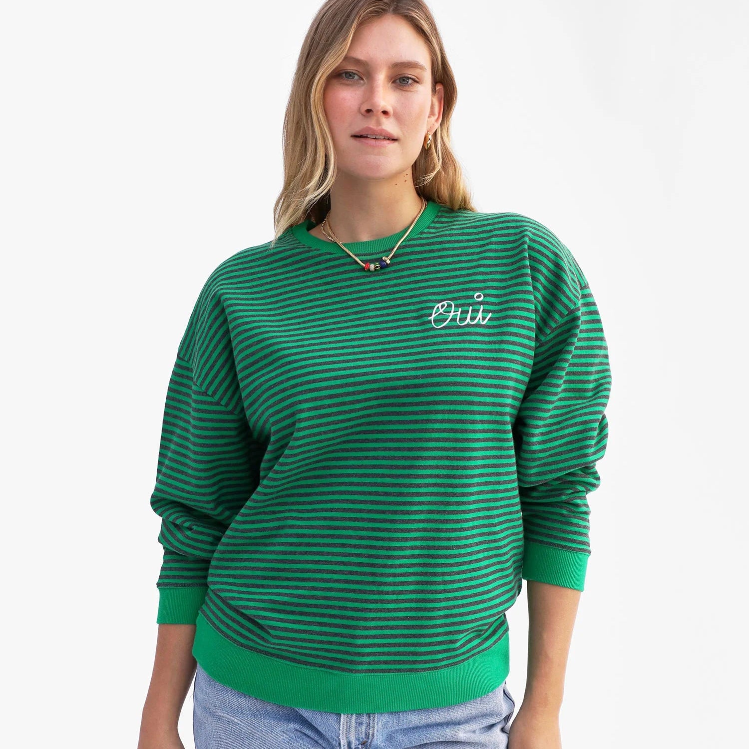 Oversized Sweatshirt, Green/Charcoal Stripes Oui