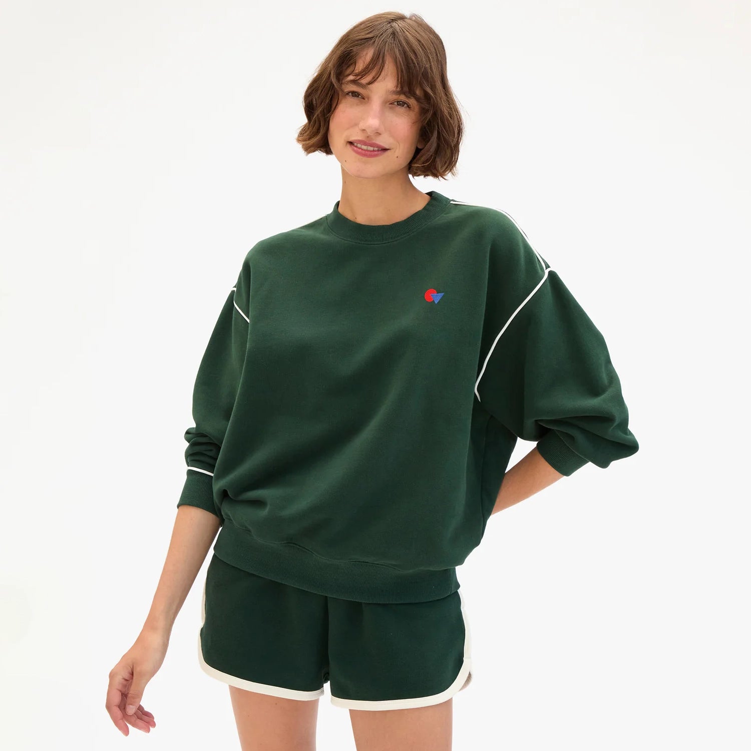 Oversized Sweatshirt, Deep Forest with Cream Piping & Geo Embroidery