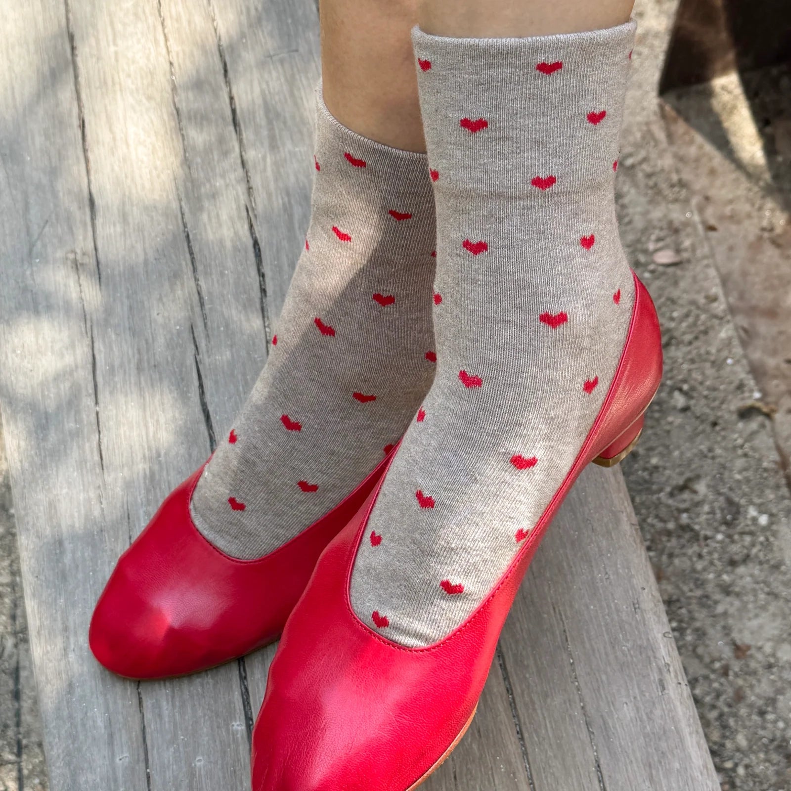 Heart Sneaker Socks, Latte / Red