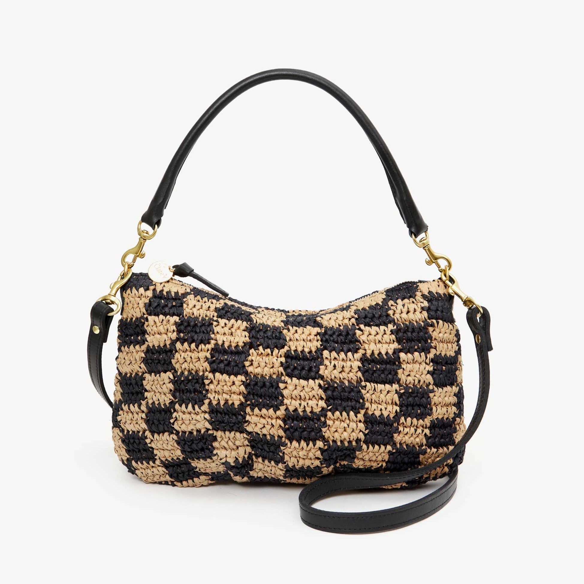 Clare V. | Petit Moyen Messenger, Checker Black and Natural Raffia