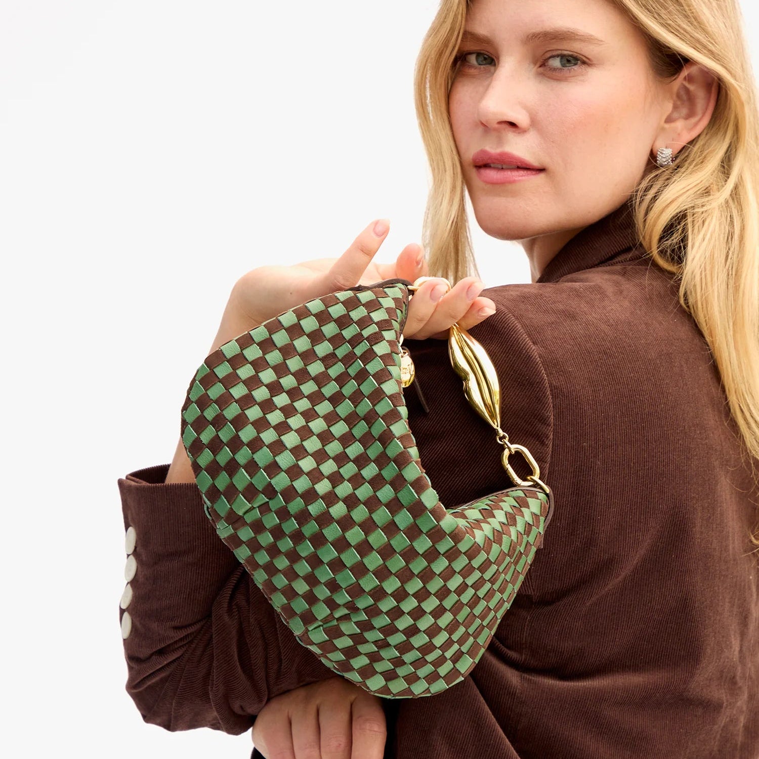 Petit Moyen Messenger, Leather and Suede Woven Checker, Deep Pine/Chocolate