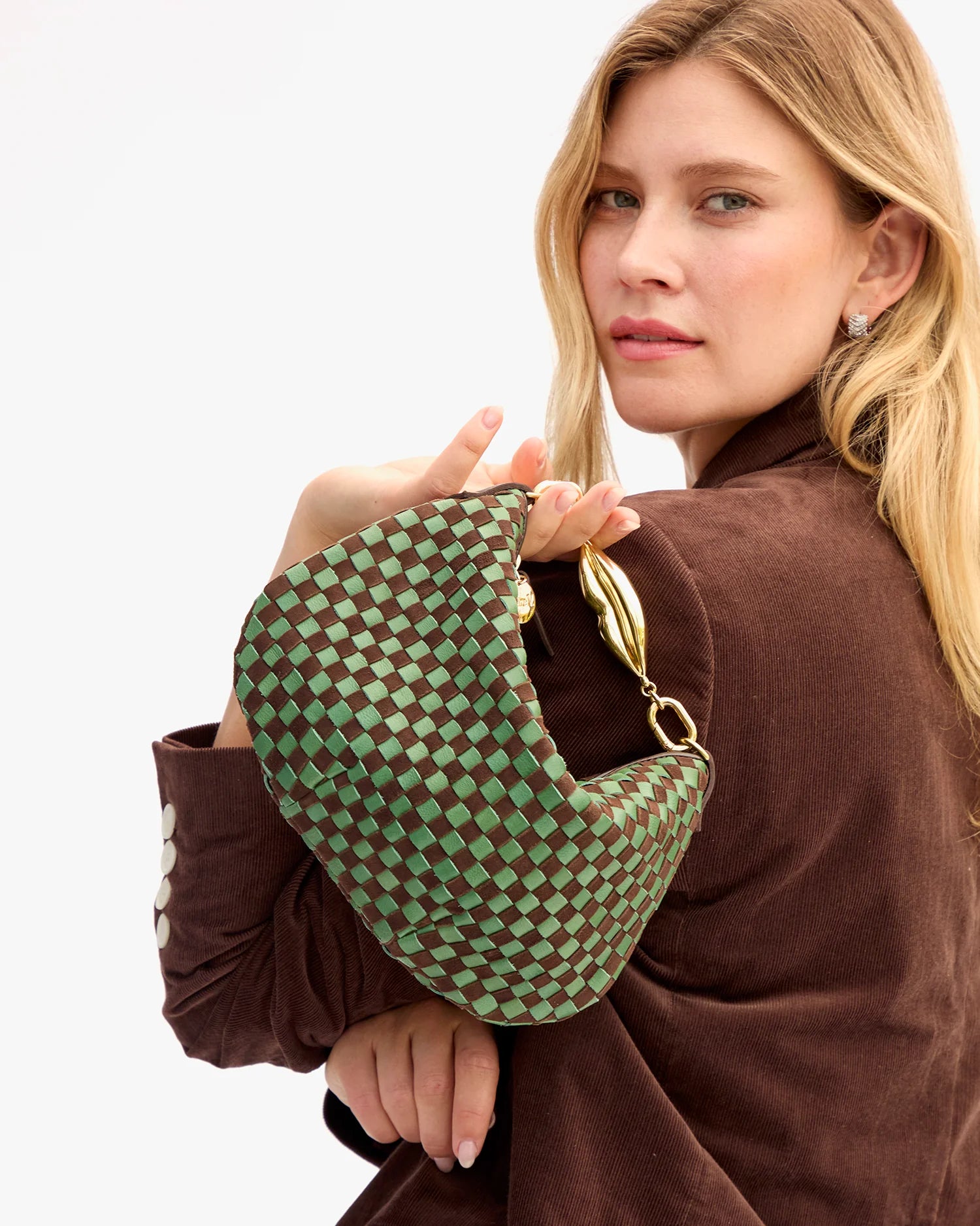 Petit Moyen Messenger, Leather and Suede Woven Checker, Deep Pine/Chocolate