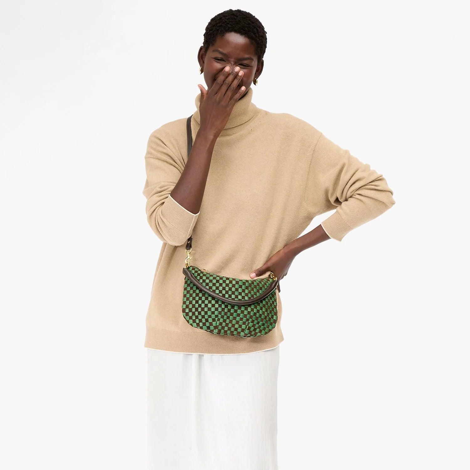 Petit Moyen Messenger, Leather and Suede Woven Checker, Deep Pine/Chocolate