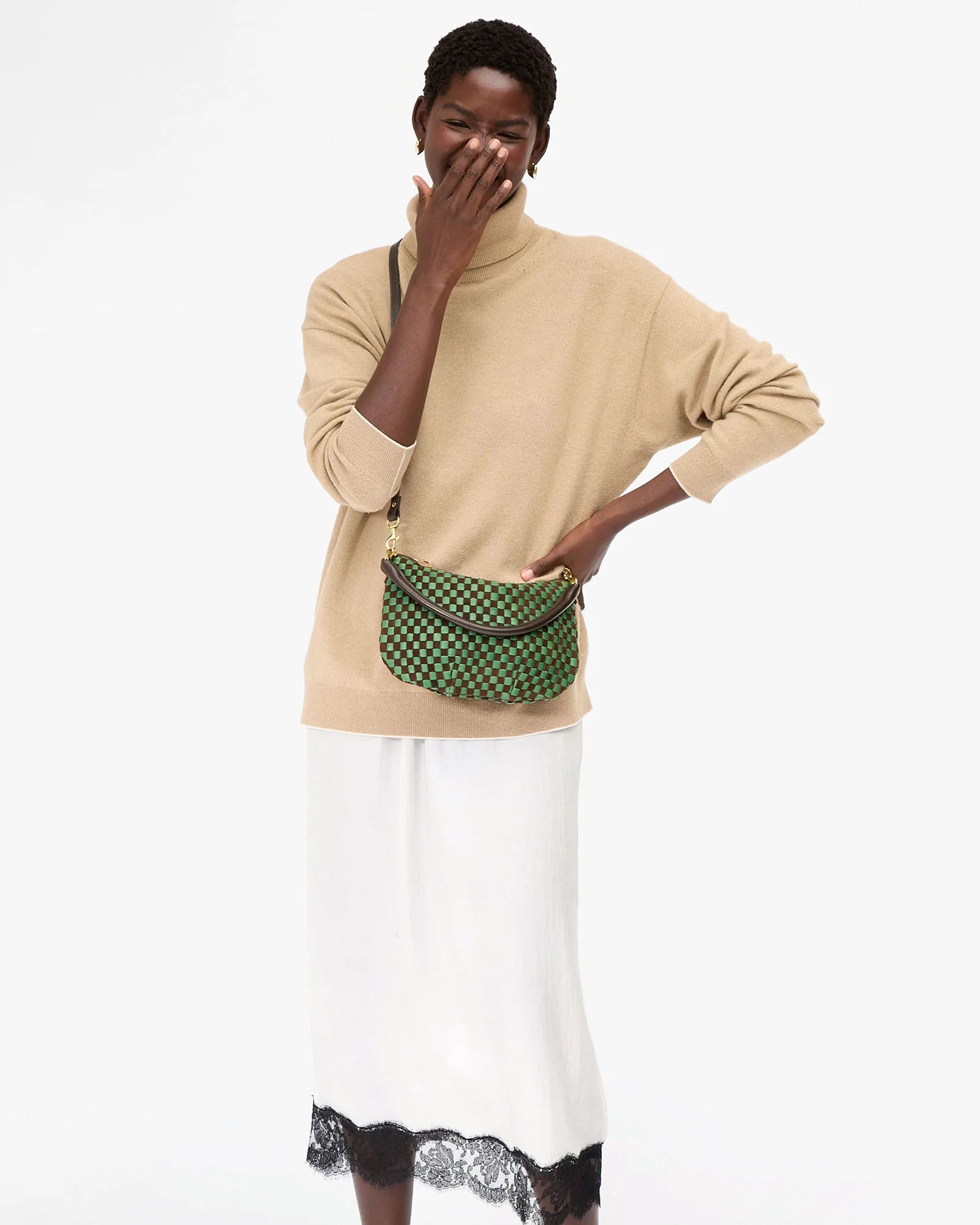 Petit Moyen Messenger, Leather and Suede Woven Checker, Deep Pine/Chocolate