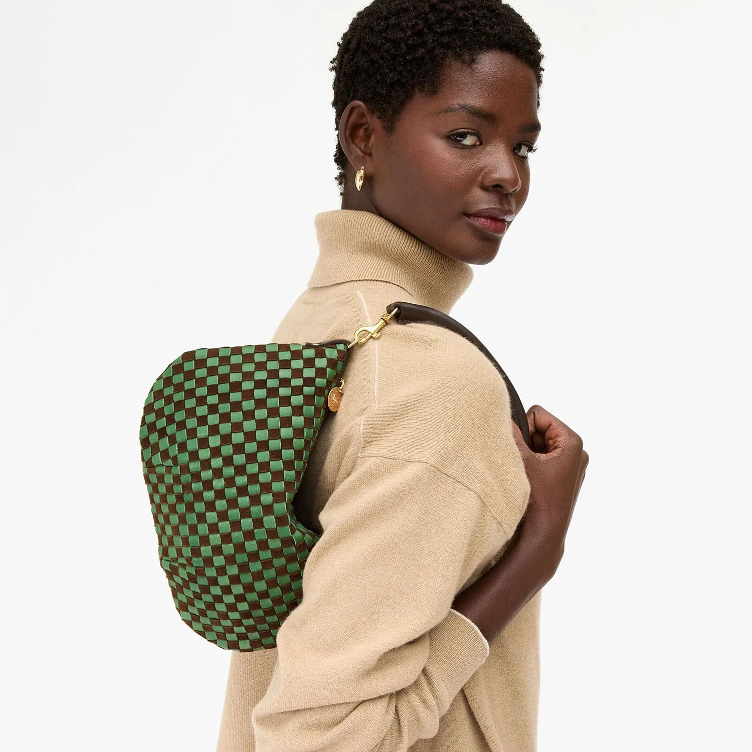Petit Moyen Messenger, Leather and Suede Woven Checker, Deep Pine/Chocolate
