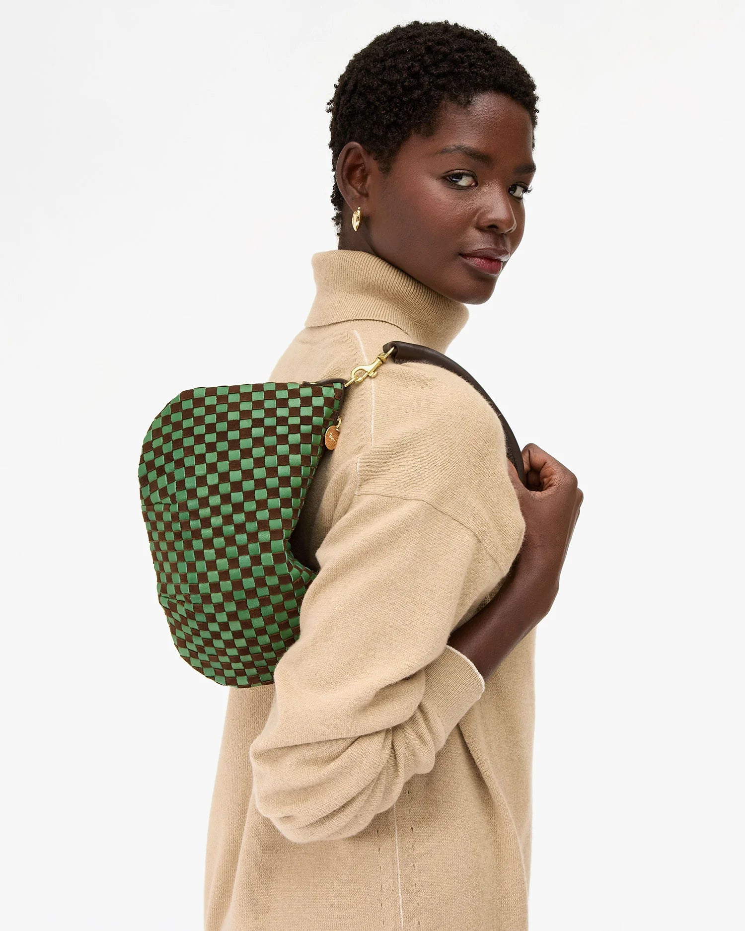 Petit Moyen Messenger, Leather and Suede Woven Checker, Deep Pine/Chocolate