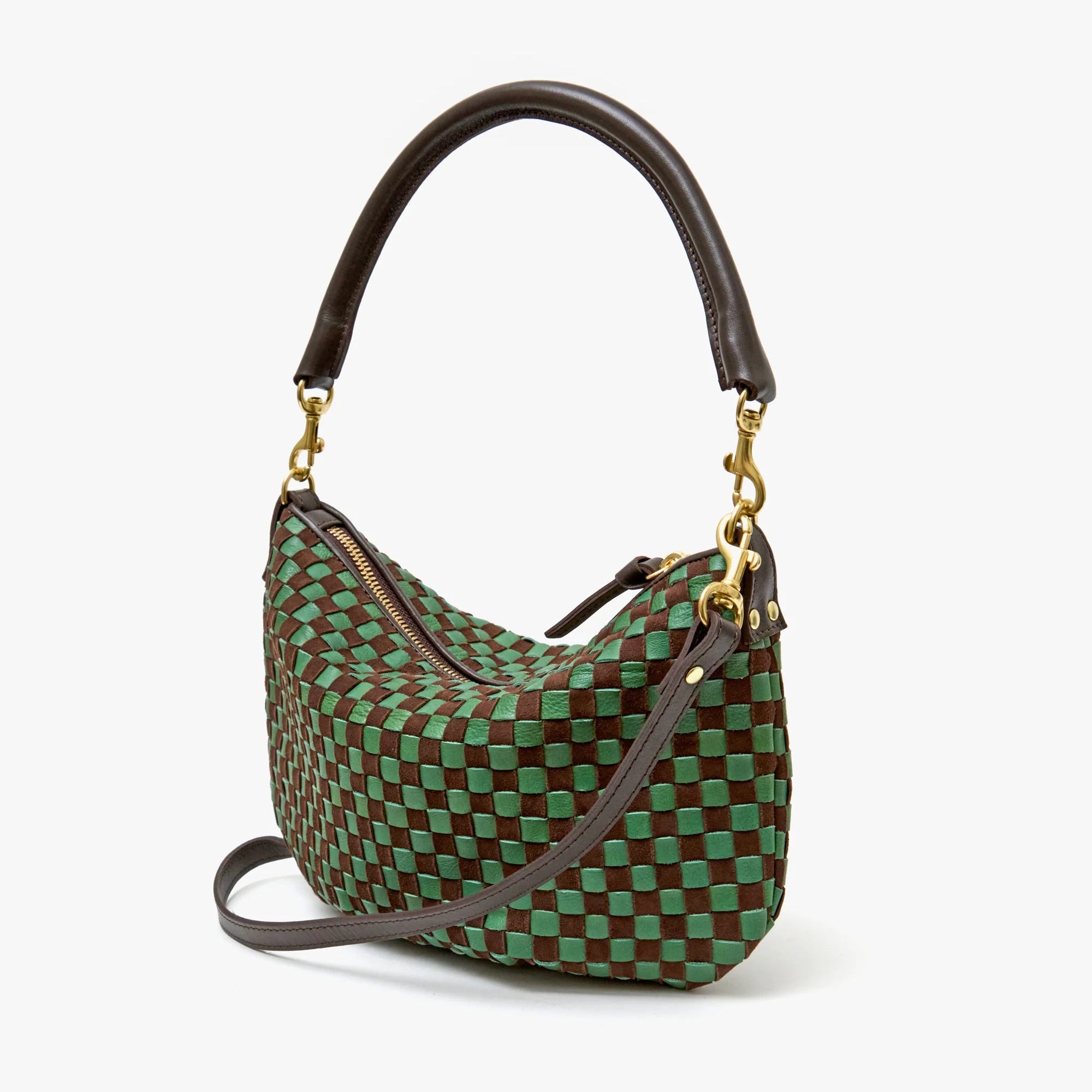 Petit Moyen Messenger, Leather and Suede Woven Checker, Deep Pine/Chocolate