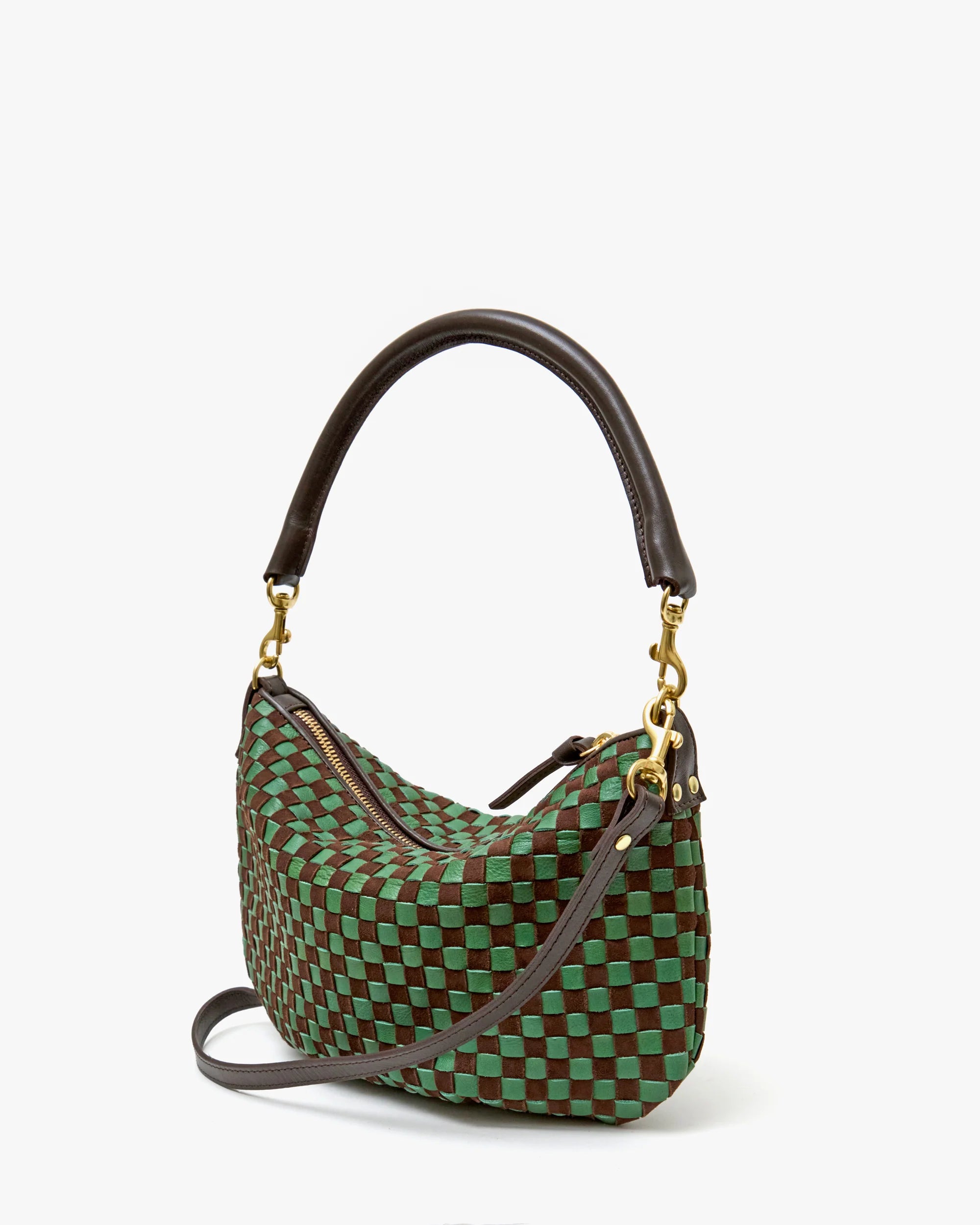 Petit Moyen Messenger, Leather and Suede Woven Checker, Deep Pine/Chocolate