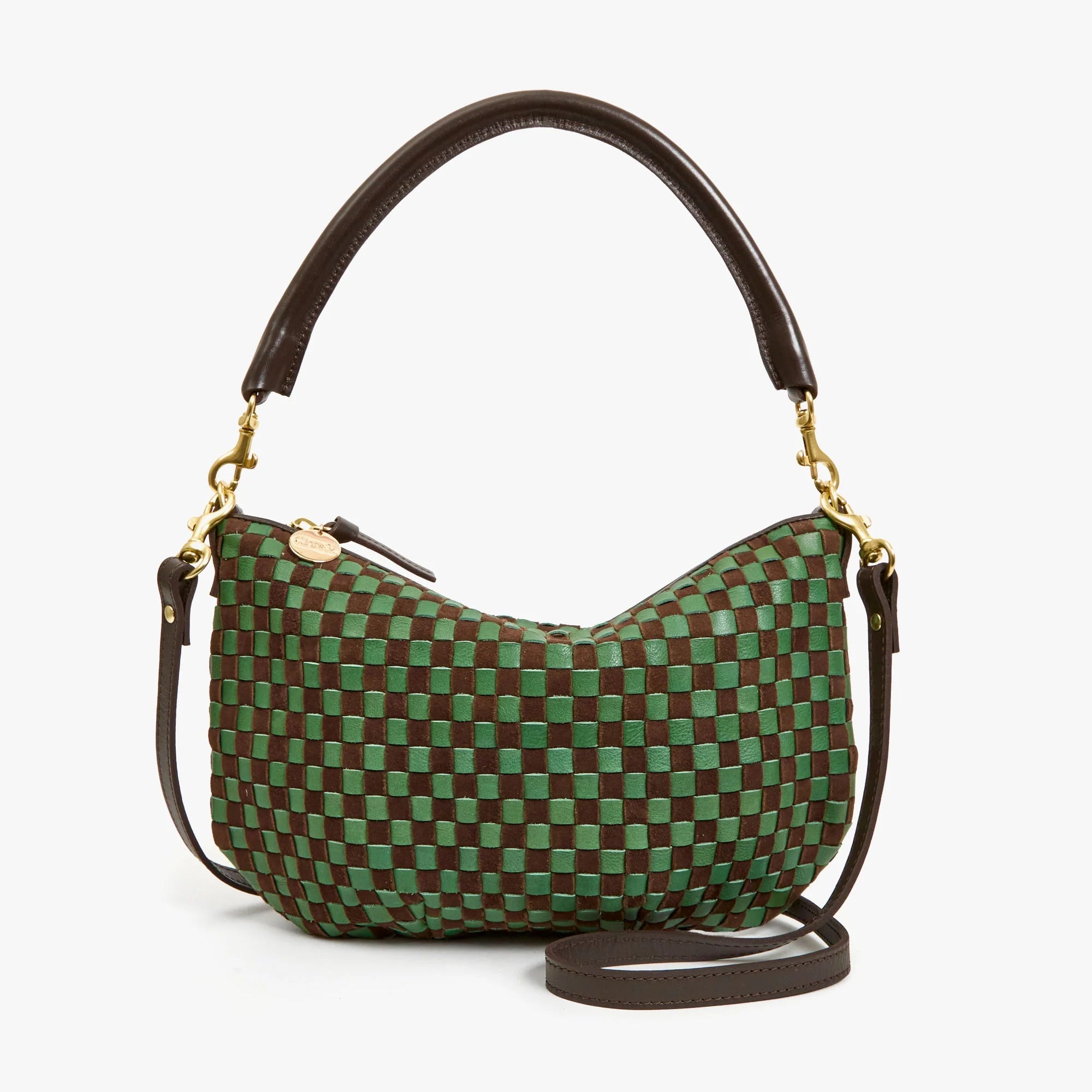 Petit Moyen Messenger, Leather and Suede Woven Checker, Deep Pine/Chocolate