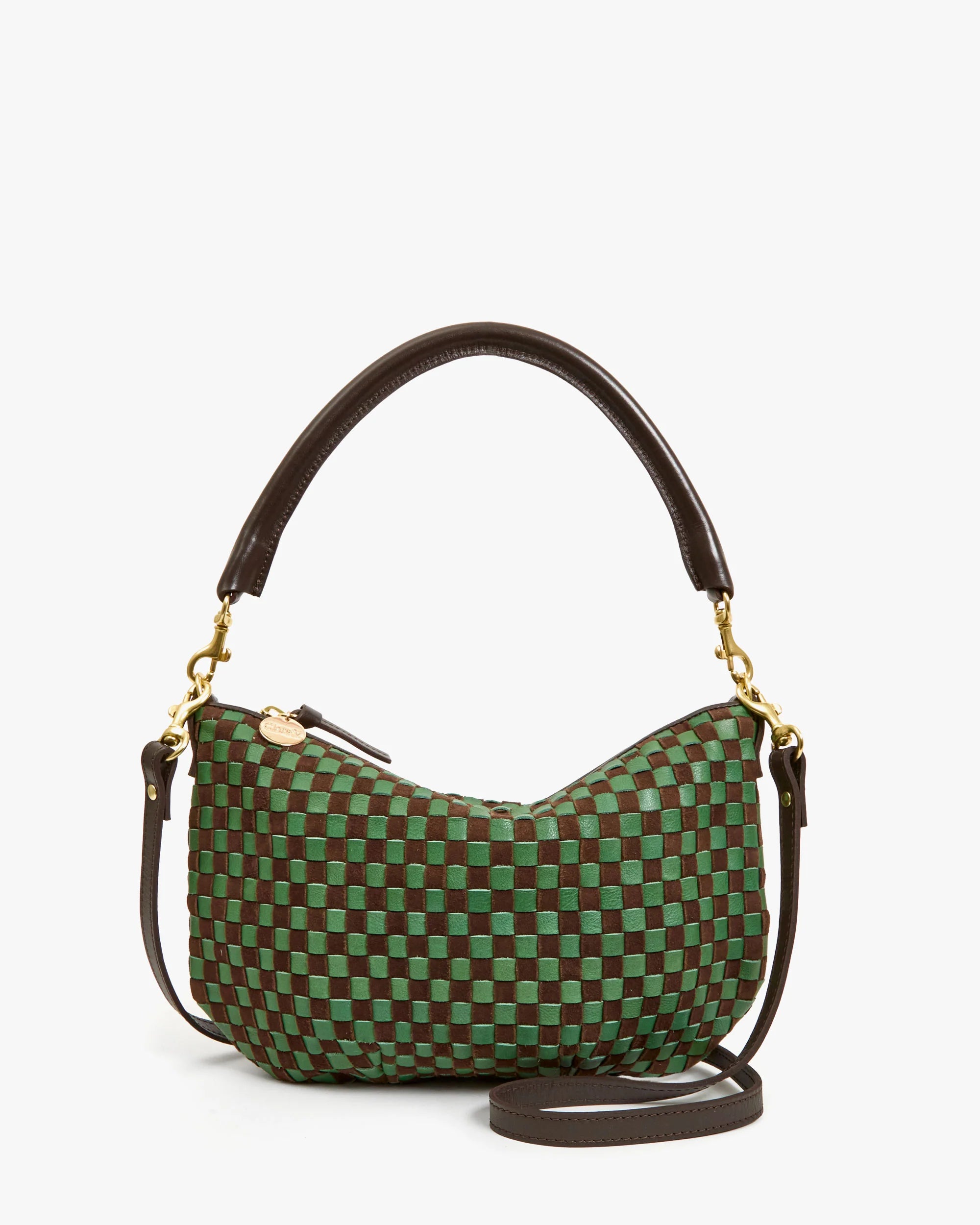 Petit Moyen Messenger, Leather and Suede Woven Checker, Deep Pine/Chocolate
