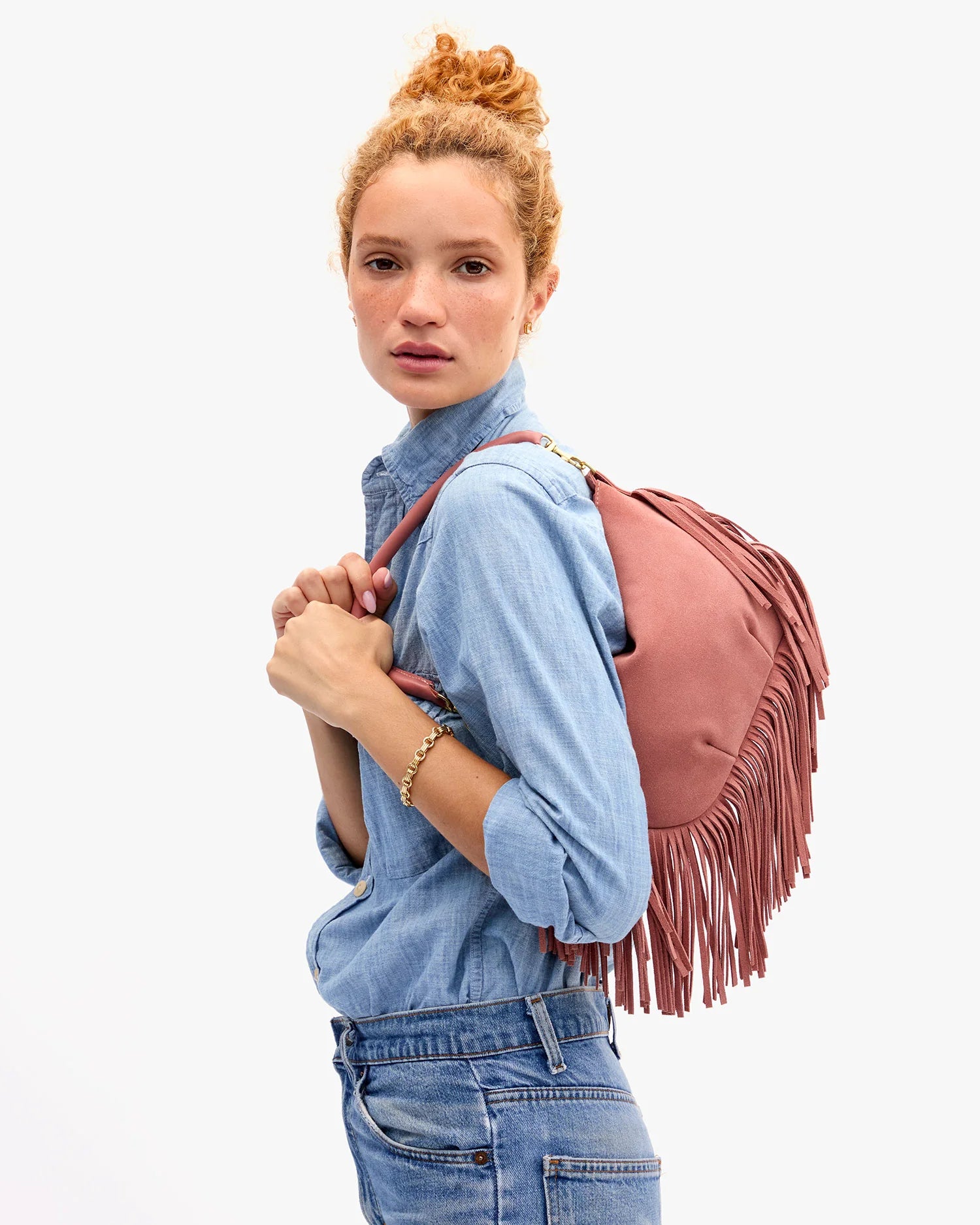 Petit Moyen Messenger, Suede Fringe, Rose Clay