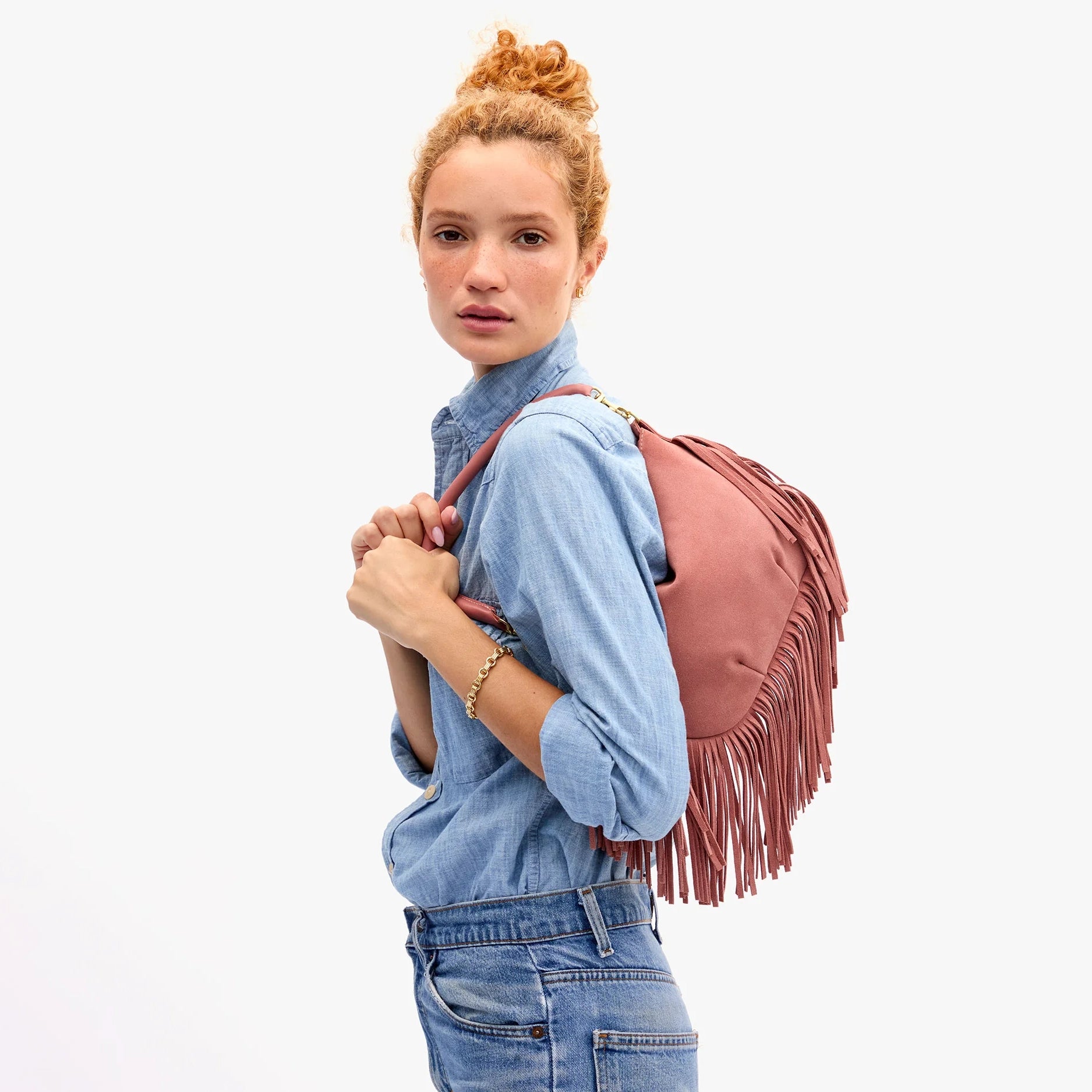 Petit Moyen Messenger, Suede Fringe, Rose Clay