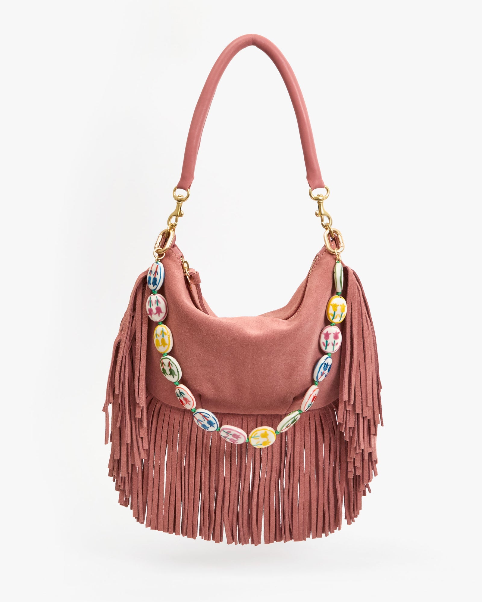 Petit Moyen Messenger, Suede Fringe, Rose Clay