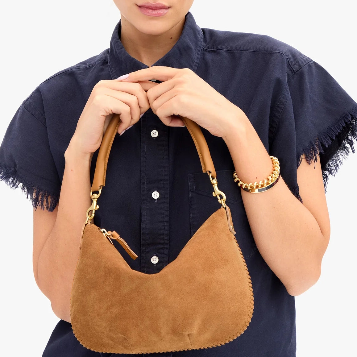 Petit Moyen Messenger, Caramel Suede with Whipstitch Detail