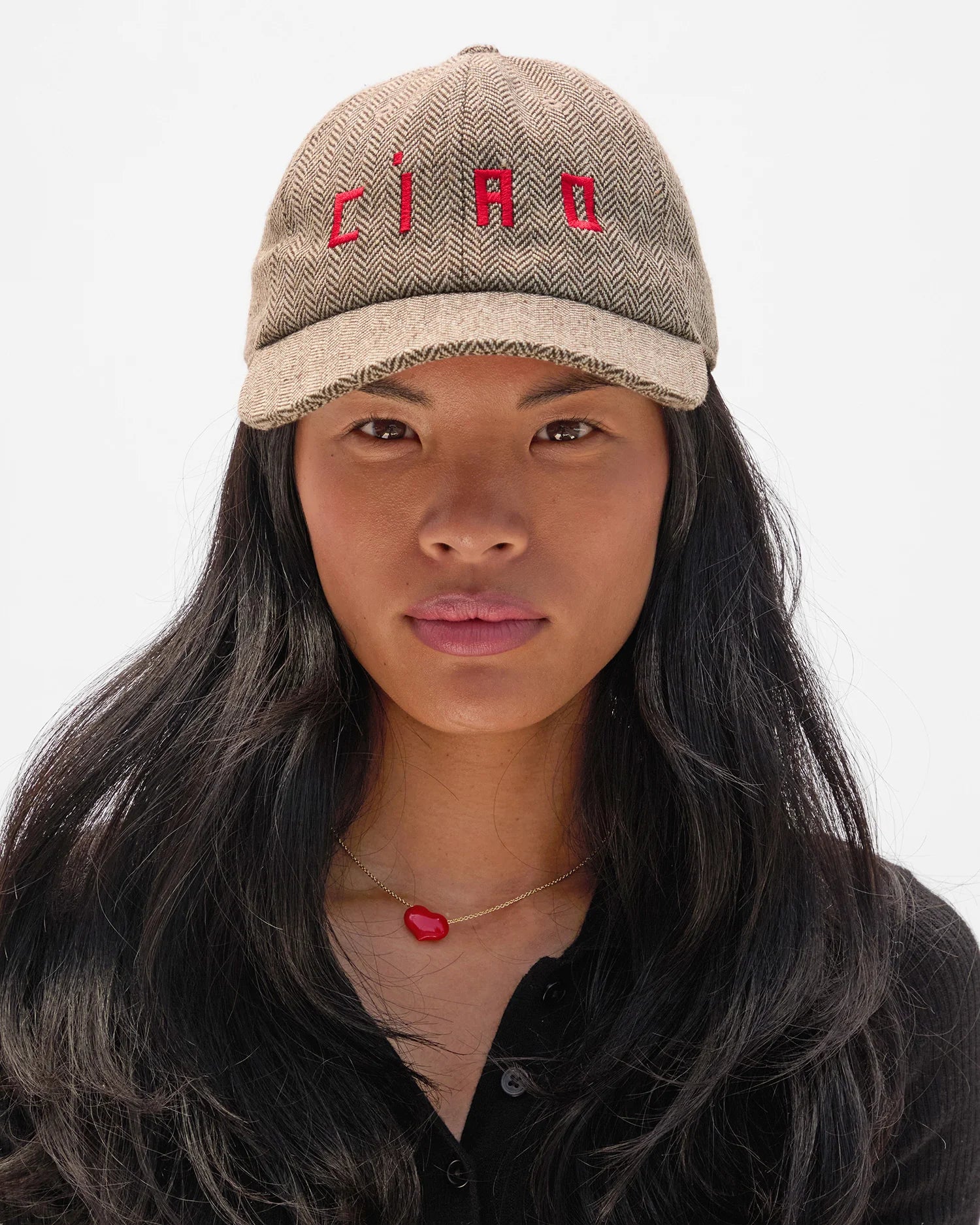Wool Baseball Hat, Taupe and Red Embroidered Ciao