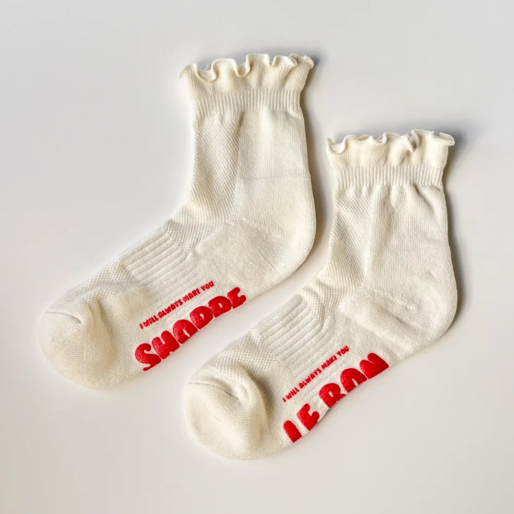 Ruffled Hugger Crew Socks, Vanilla / Red