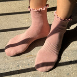 Ruffled Hugger Crew Socks, Vintage Pink / Black