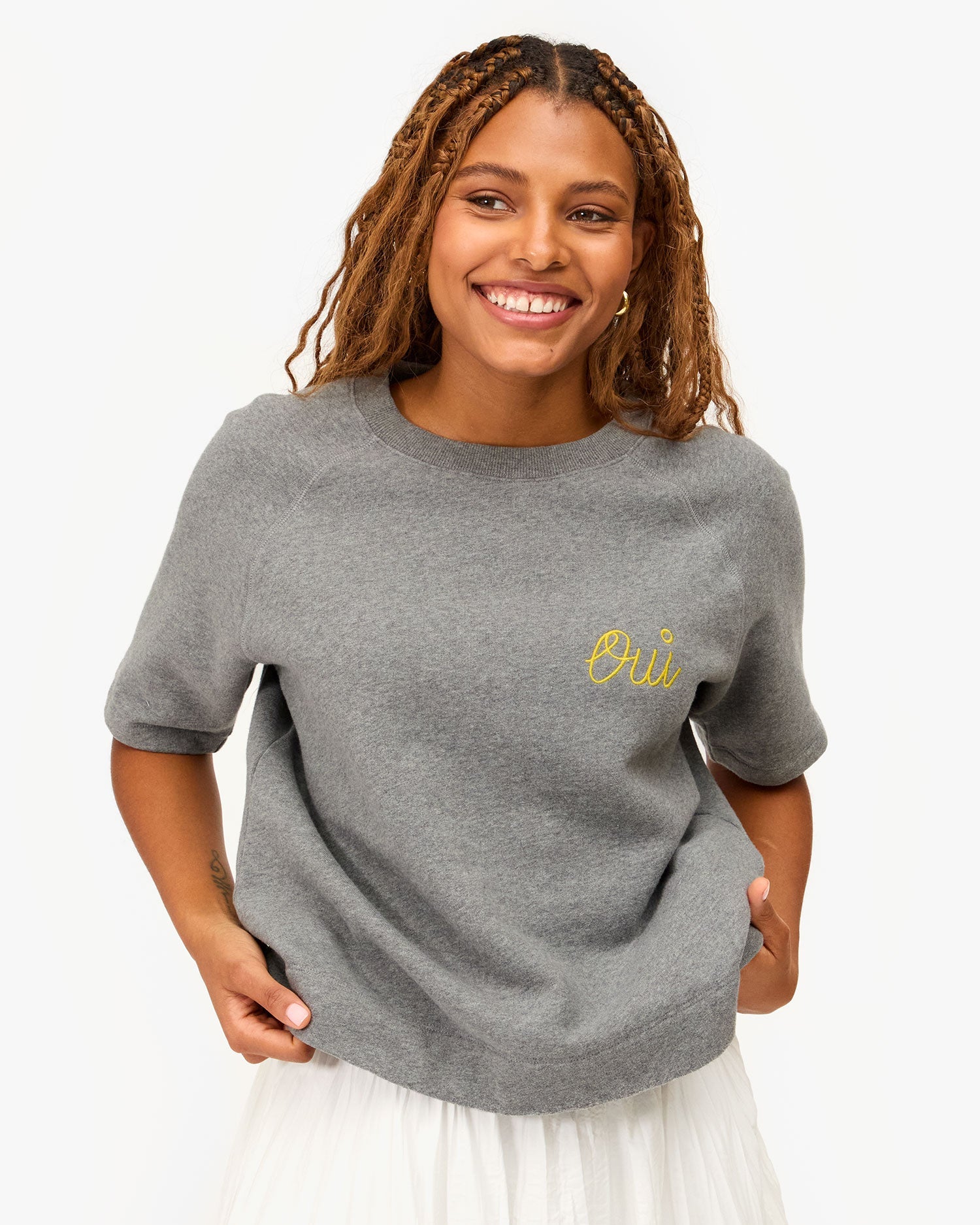Short Sleeve Sweatshirt, Grey Melange Embroidered Oui – LAPIS