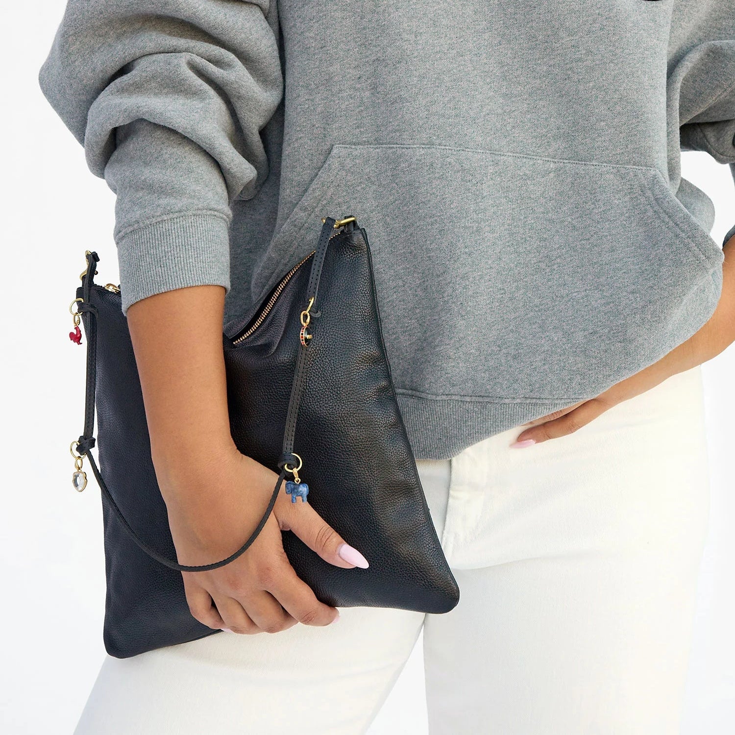 Thin Knotted Leather Shoulder Strap with Rings, Black