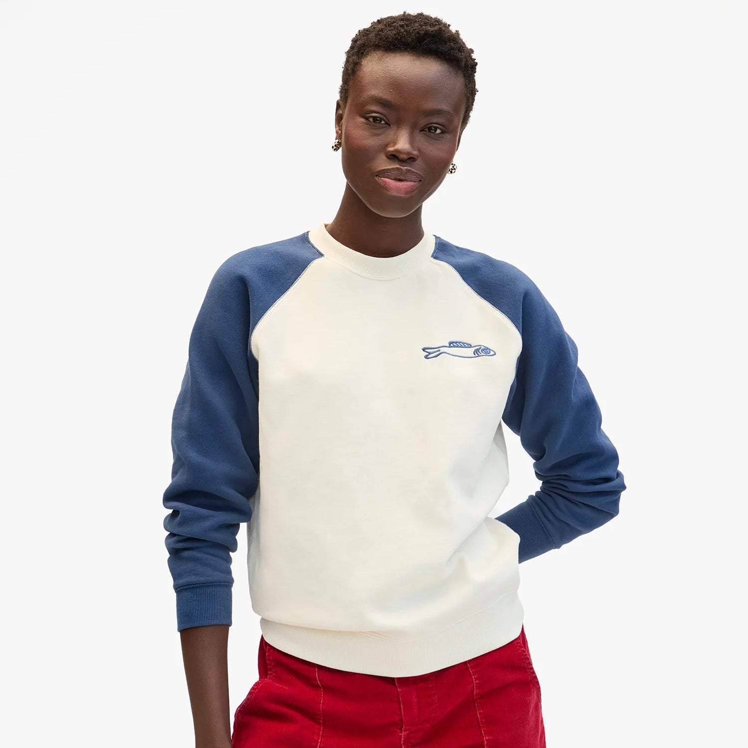Sweatshirt, Embroidered Sardine, Cream / Navy