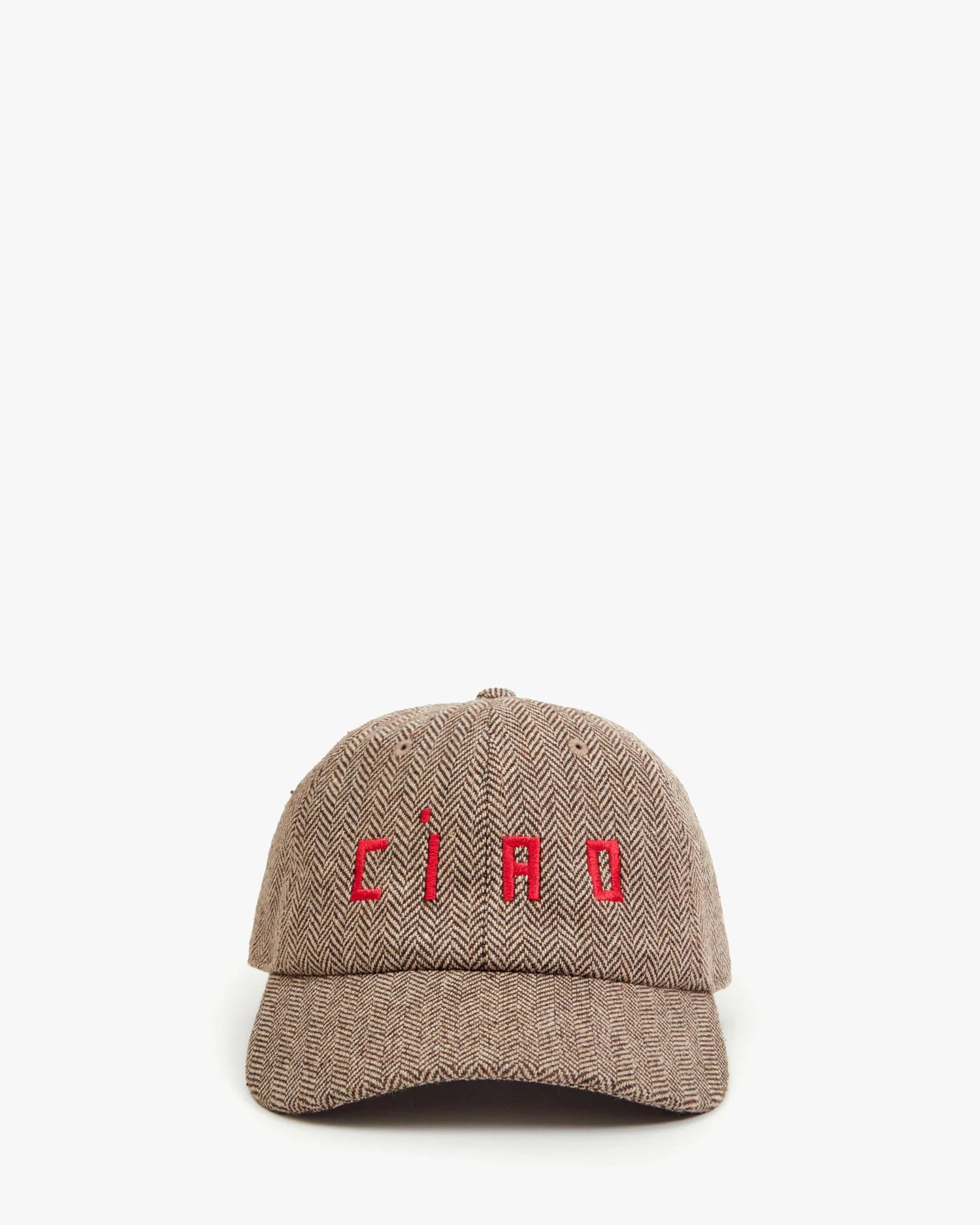 Wool Baseball Hat, Taupe and Red Embroidered Ciao