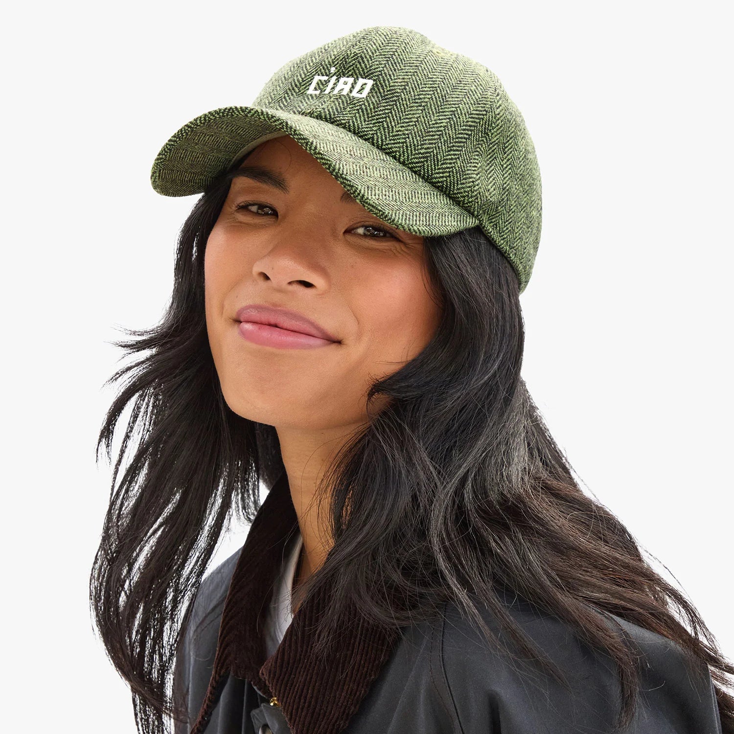 Wool Baseball Hat, Embroidered Petit Ciao, Green/Black