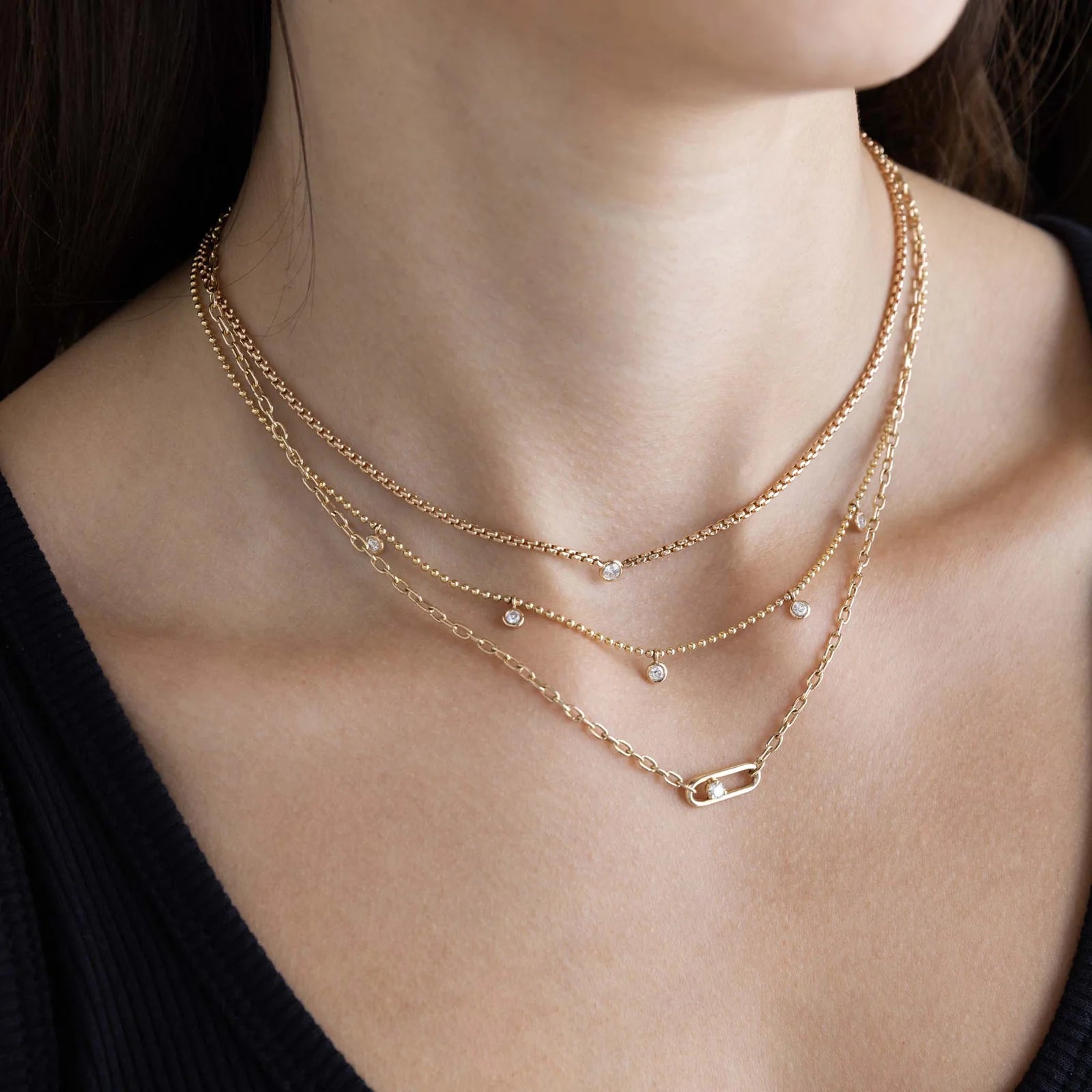 Zoe Chicco | Small Box Chain Necklace with Floating Diamond