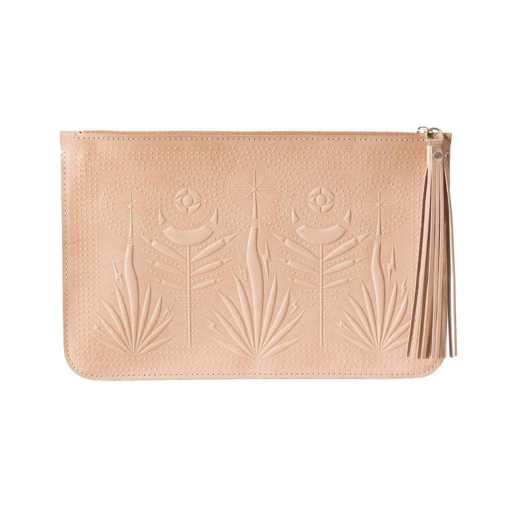 Large tan leather zippered clutch bag with tassel, hand stamped design with flowers and texture, front view