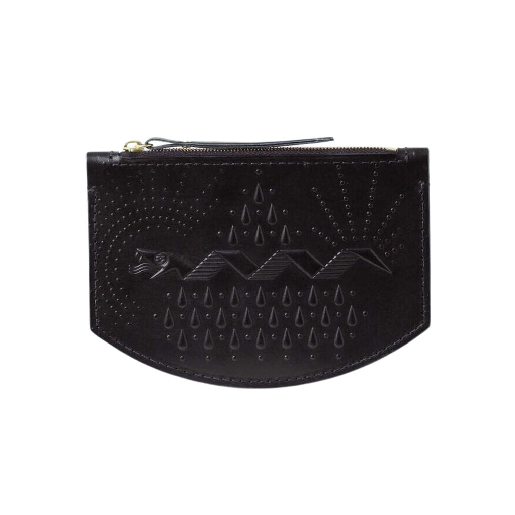 Black leather coin pouch hand stamped with snake design, front view