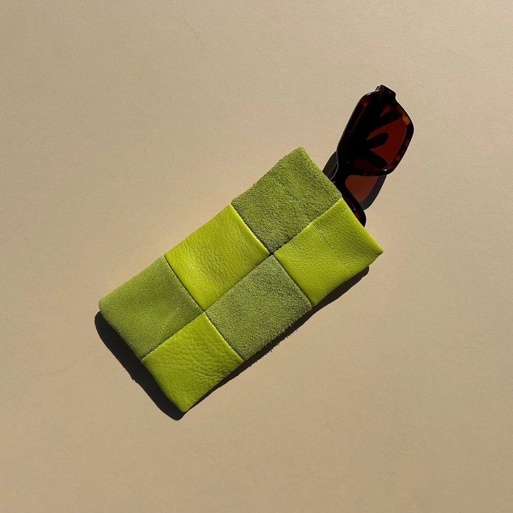 Sunglasses Case, Chartreuse Check Leather