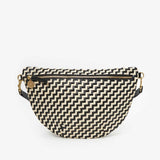 black and cream zig zag grande leather fanny pack clare v front view