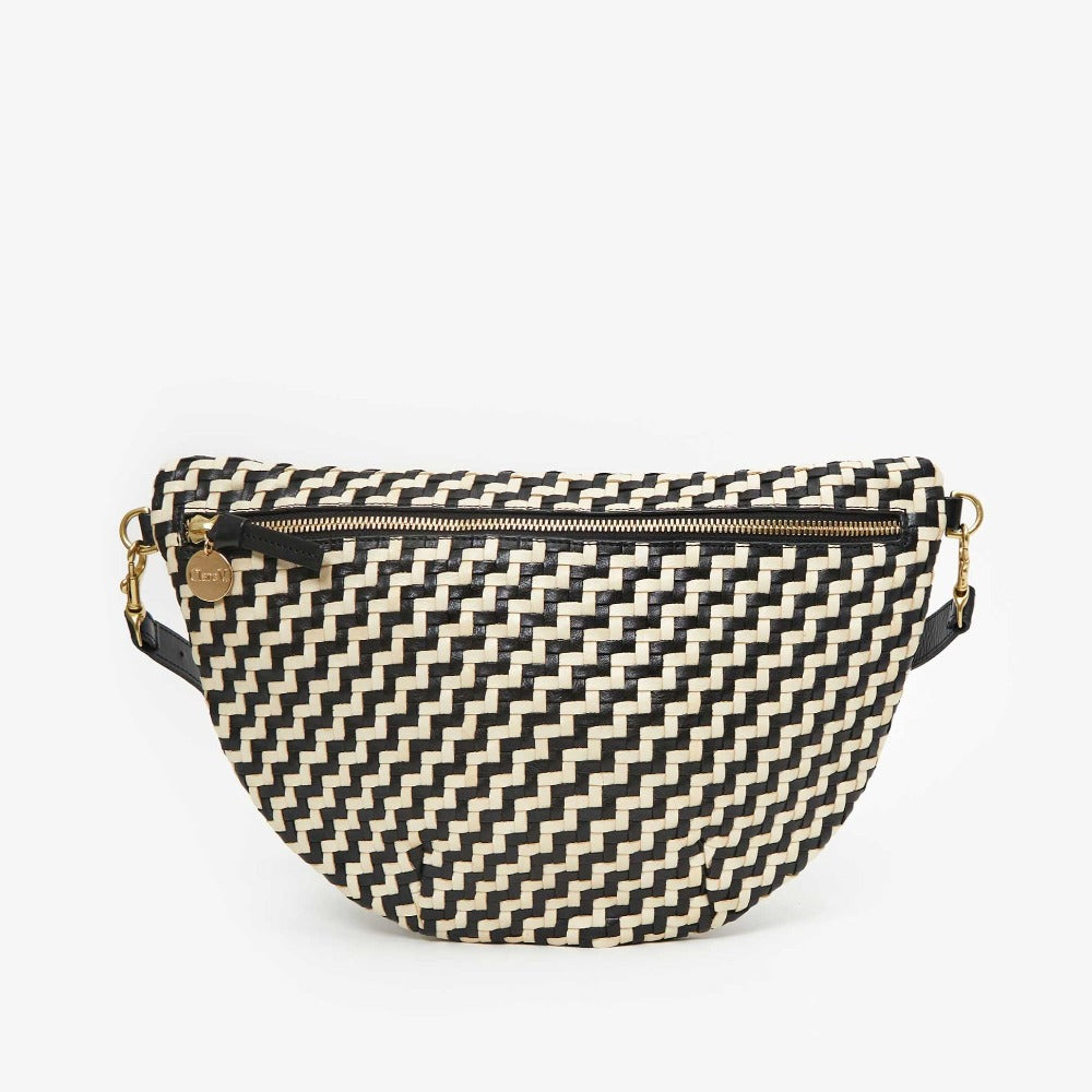 black and cream zig zag grande leather fanny pack clare v front view