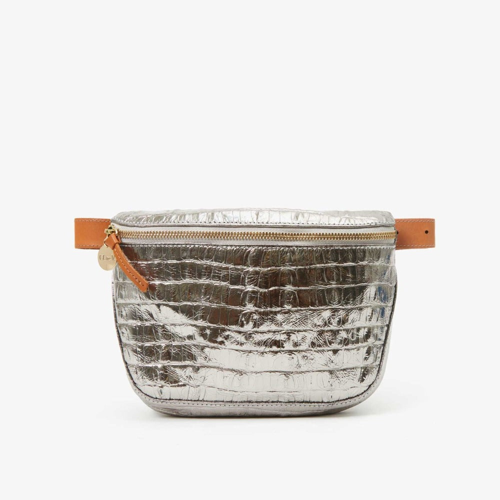 silver crocodile snake mettalic fanny pack bag with brown leather belt, front view
