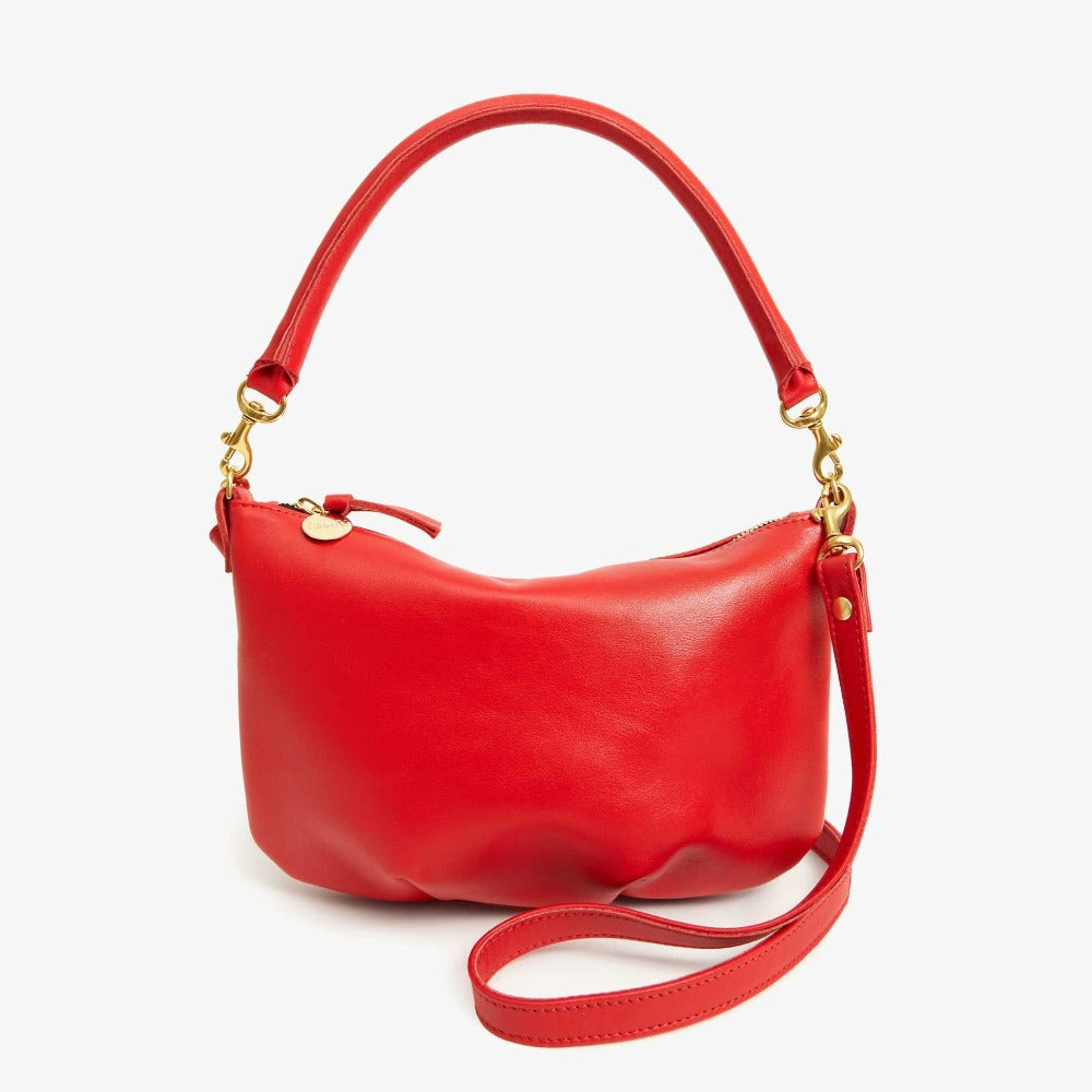 clare v red petit moyen leather bag with crossbody strap and detachable top handle, brass hardware