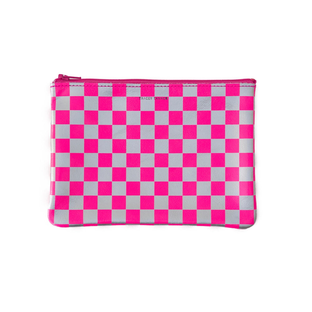Medium Zip Pouch, Fluoro Fuchsia Check