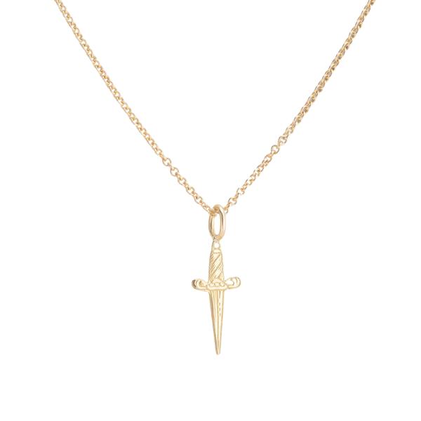 A tiny gold engraved dagger pendant necklace.