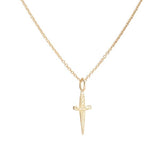 A tiny gold engraved dagger pendant necklace.