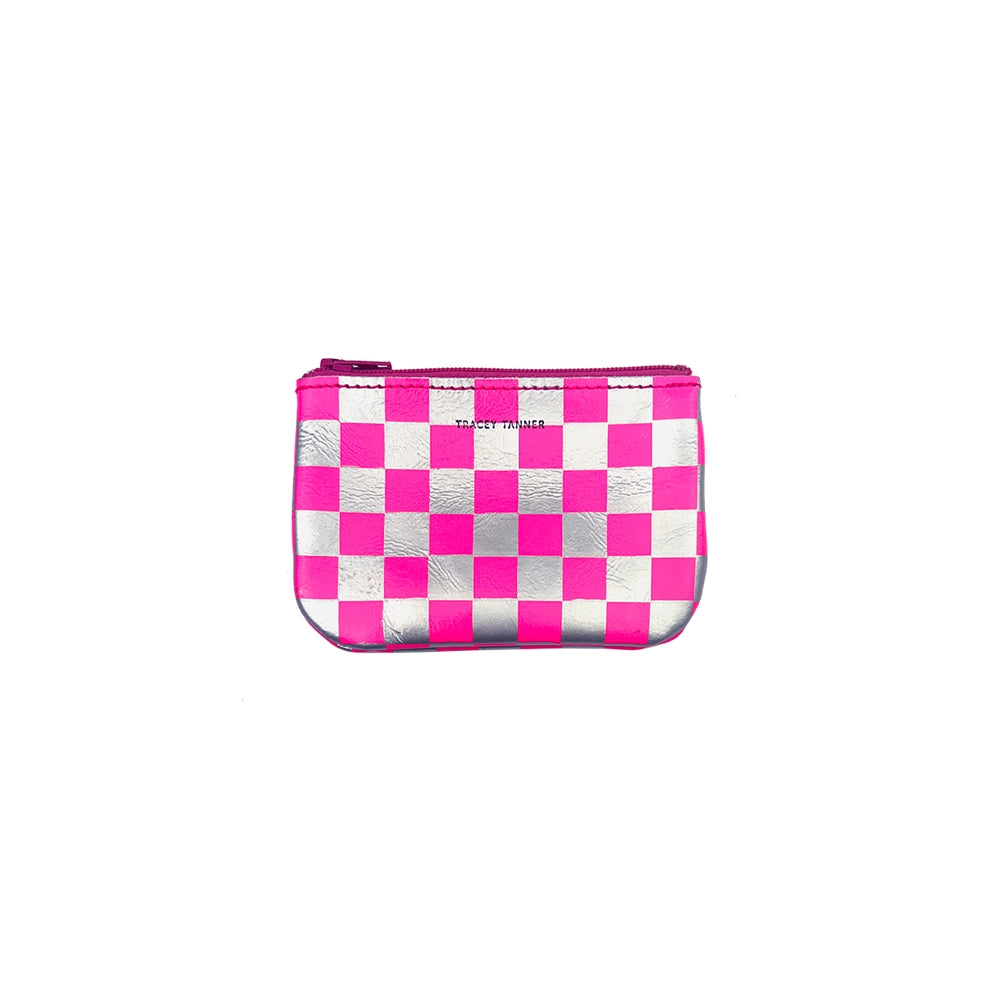 X Small Zip Pouch, Pink and Silver Check