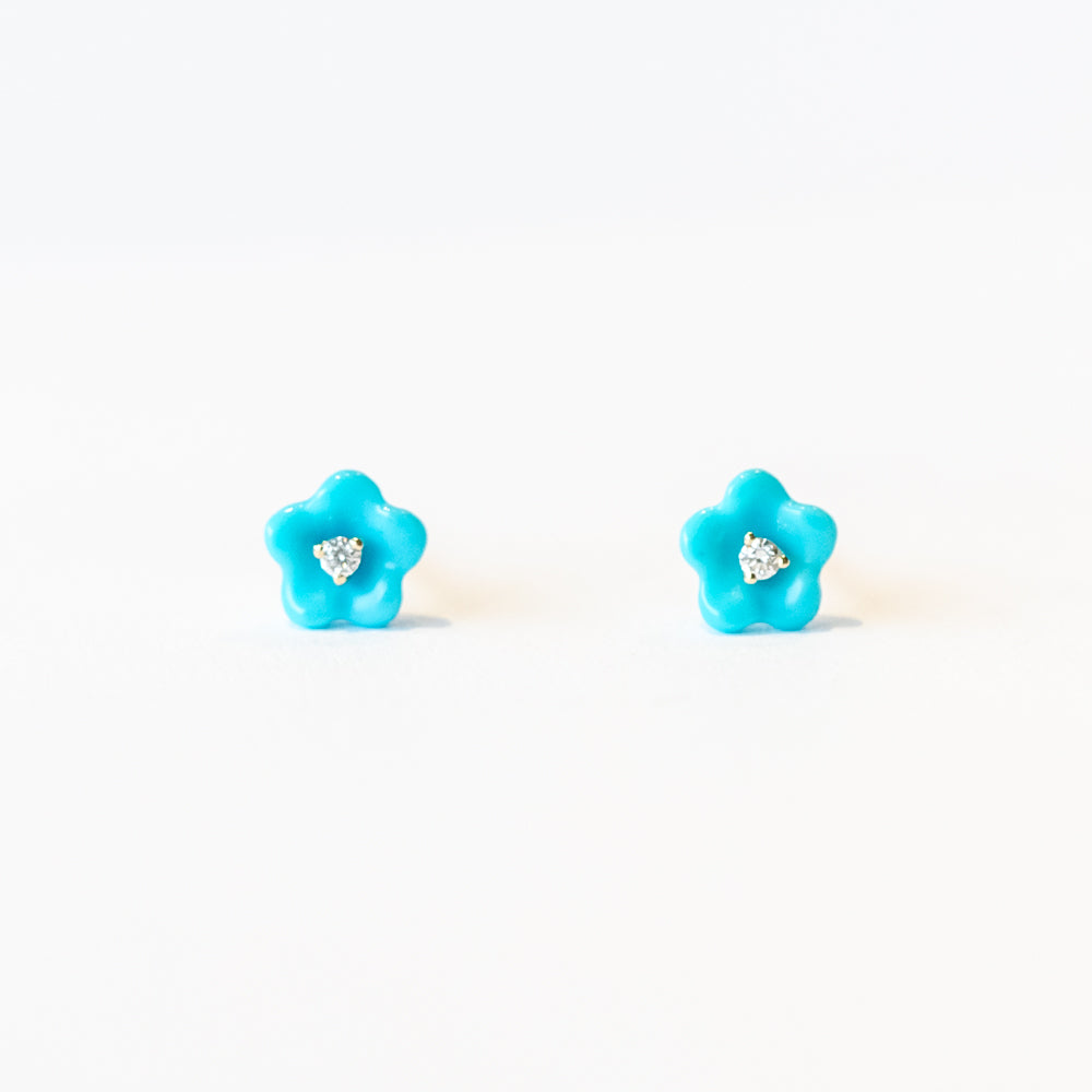 Turquoise and Diamond Blossom Flower Stud Earrings