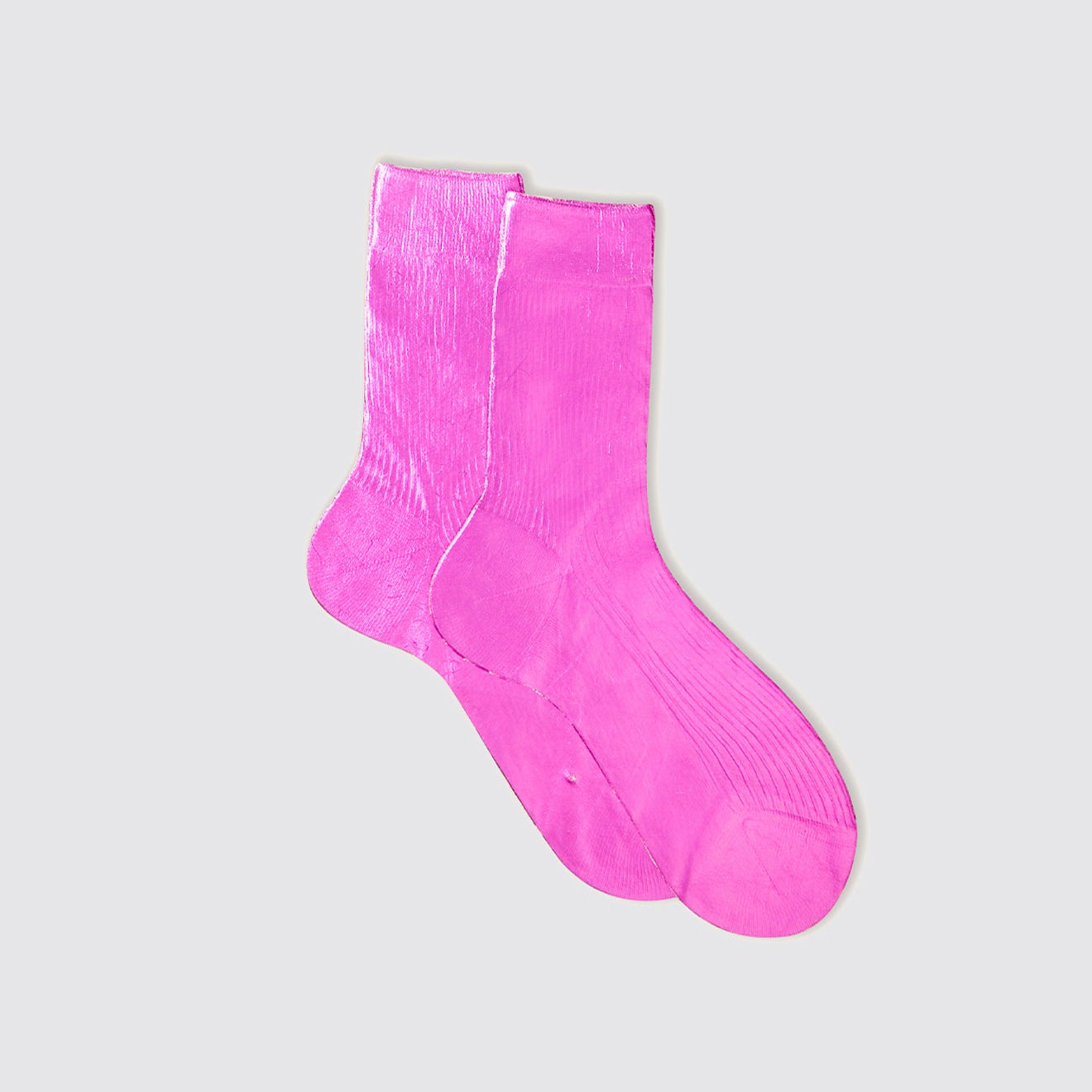 One Ribbed Laminated Silk Socks, Fuchsia