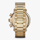 wide gold metal link bracelet watch, round white face with white hands