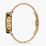 wide gold metal link bracelet watch, round white face with white hands